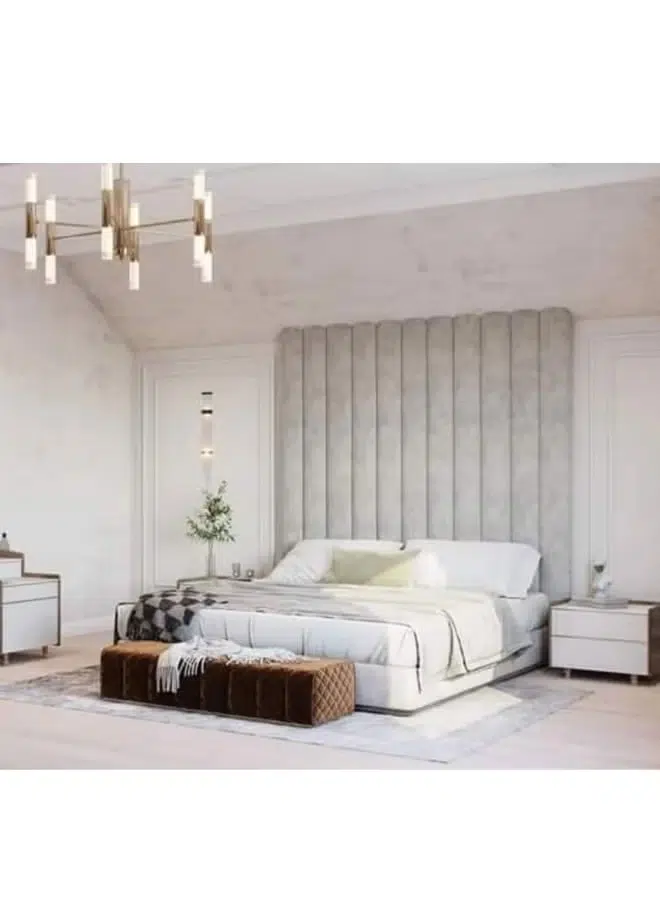 Tranquil Haven Panel Headboard Bed Tranquil Haven Panel Headboard Bed with tall grey vertical upholstered panels for luxury bedroom furniture Dubai UAE