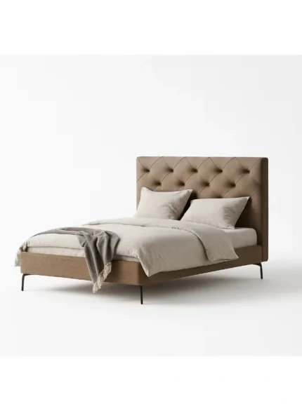 Tufted Upholstered Leather Bed Brown Faux Leather Custom Made In Dubai UAE Kustom Deco Furniture