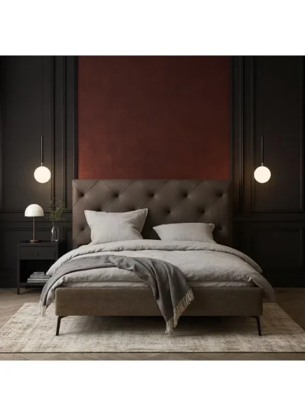 Tufted Upholstered Leather Bed Brown Faux Leather Custom Made In Dubai UAE Kustom Deco Furniture