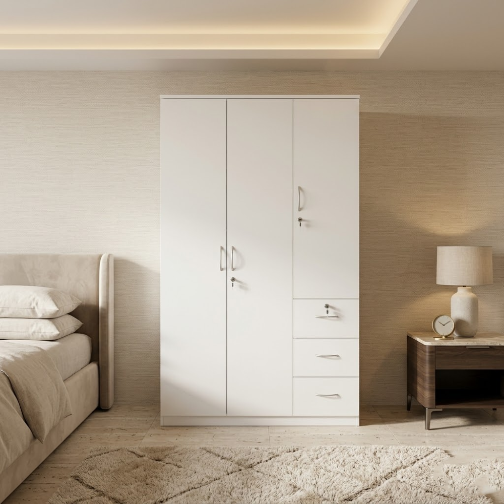 Velcrion Cupboard Storage Cabinet Velcrion cupboard storage cabinet for office furniture and home use with three doors, side drawers, engineered wood build, and white finish in a modern UAE interior.