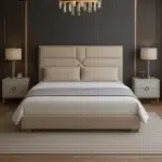 Velora Modern Upholstered Velvet Bed in beige with geometric headboard for luxury bedroom furniture Dubai UAE