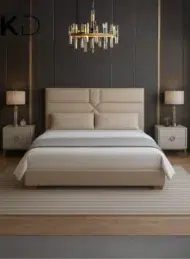 Velora Modern Upholstered Velvet Bed in beige with geometric headboard for luxury bedroom furniture Dubai UAE