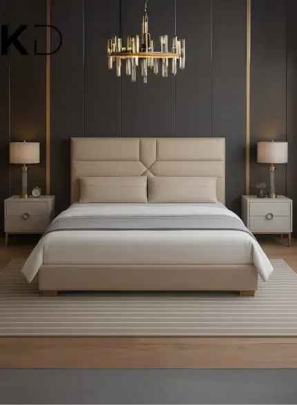 Velora Modern Upholstered Velvet Bed in beige with geometric headboard for luxury bedroom furniture Dubai UAE