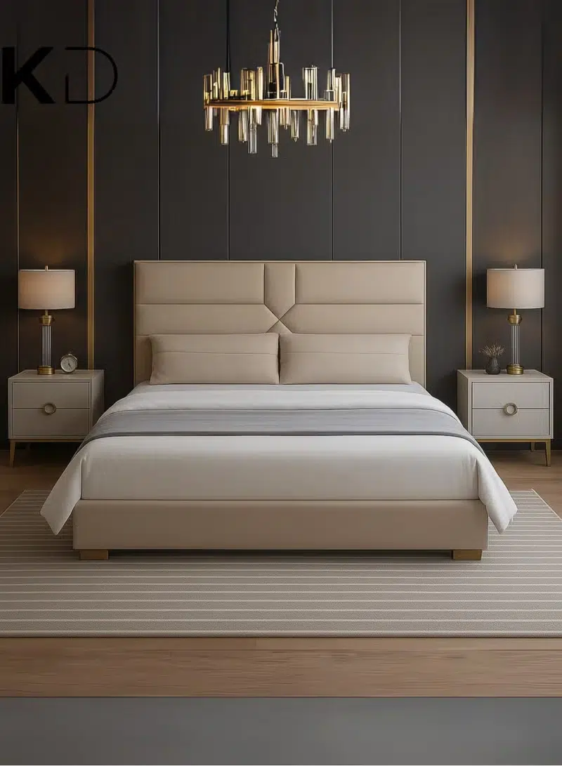 Velora Modern Upholstered Velvet Bed Velora Modern Upholstered Velvet Bed in beige with geometric headboard for luxury bedroom furniture Dubai UAE