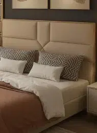 Velora Modern Upholstered Velvet Bed in beige with geometric headboard for luxury bedroom furniture Dubai UAE