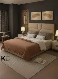 Velora Modern Upholstered Velvet Bed in beige with geometric headboard for luxury bedroom furniture Dubai UAE