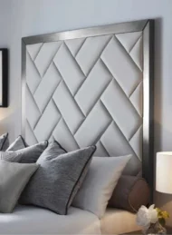Velvet Headboard Bed with Cushioned Grey Geometric Pattern Custom Made Furniture Dubai Abu Dhabi UAE Kustom Deco