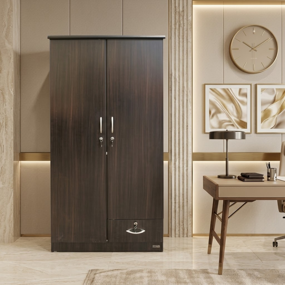 Zenthorix Wooden Wardrobe Cabinet Zenthorix wooden wardrobe cabinet for office furniture and home use with two doors, lower drawer, engineered wood build, and dark wood finish in a modern UAE interior.
