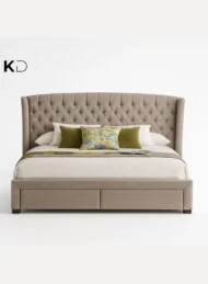 Zerqion Velvet Upholstered Bed Taupe Beige Wingback Storage Bed Custom Made Dubai Abu Dhabi UAE