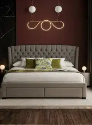 Zerqion Velvet Upholstered Bed Taupe Beige Wingback Storage Bed Custom Made Dubai Abu Dhabi UAE