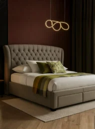Zerqion Velvet Upholstered Bed Taupe Beige Wingback Storage Bed Custom Made Dubai Abu Dhabi UAE