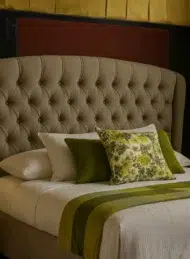 Zerqion Velvet Upholstered Bed Taupe Beige Wingback Storage Bed Custom Made Dubai Abu Dhabi UAE