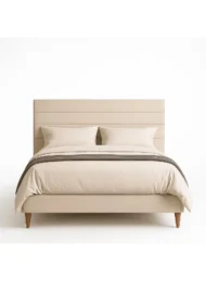 Zynora Modern Fabric Upholstered Bed Beige Channel Tufted Headboard Custom Made Furniture Dubai Abu Dhabi UAE Kustom Deco