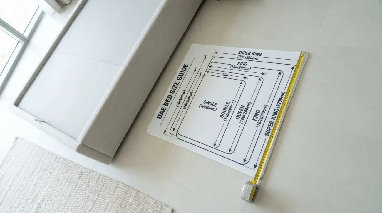 Measuring bed frame dimensions in a Dubai apartment bedroom UAE bed size guide