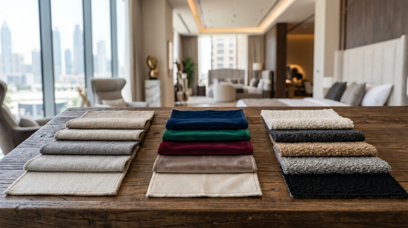 Fabric swatches for custom upholstered bed frame in Dubai linen, velvet and bouclé options