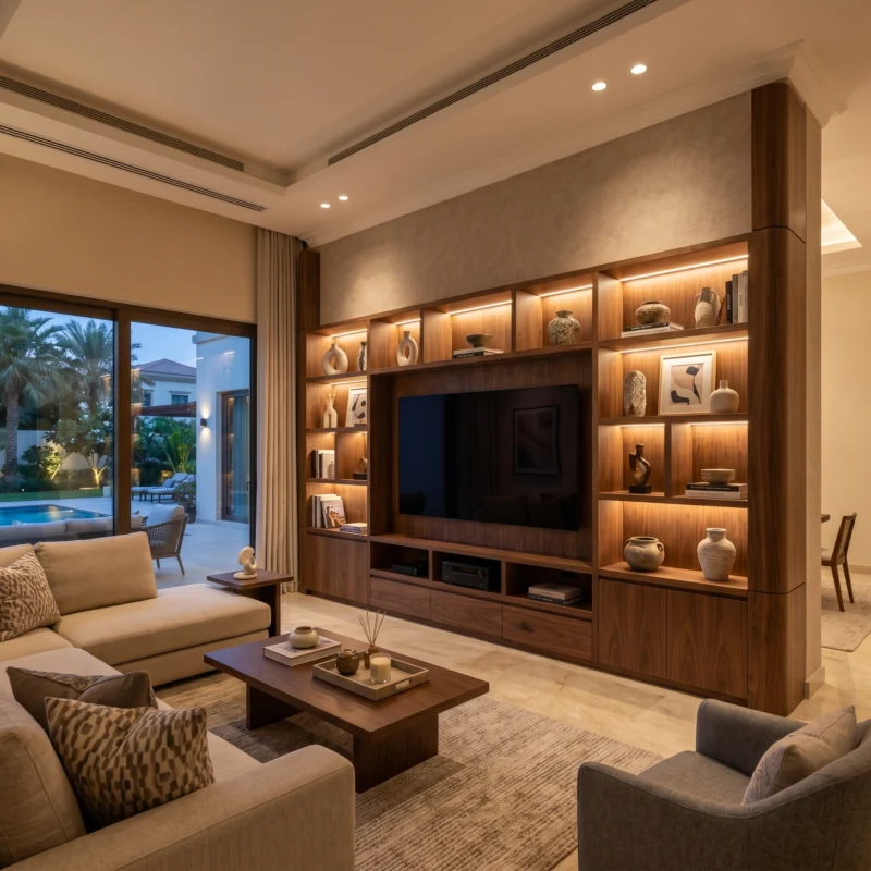 Custom entertainment unit Dubai villa floor to ceiling fitted furniture UAE