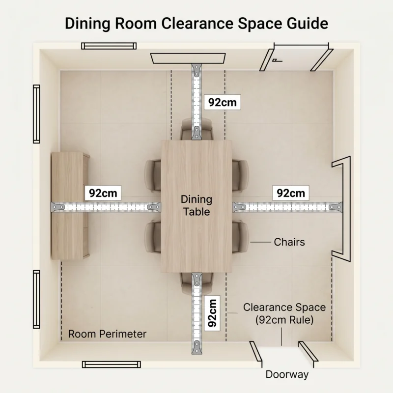 Dining table clearance space diagram 92cm rule for UAE homes