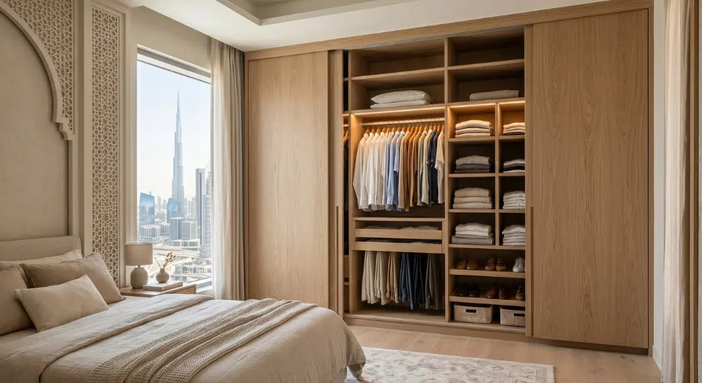 Custom built-in wardrobe in a modern Dubai apartment bedroom floor-to-ceiling storage with sliding doors and interior shelving