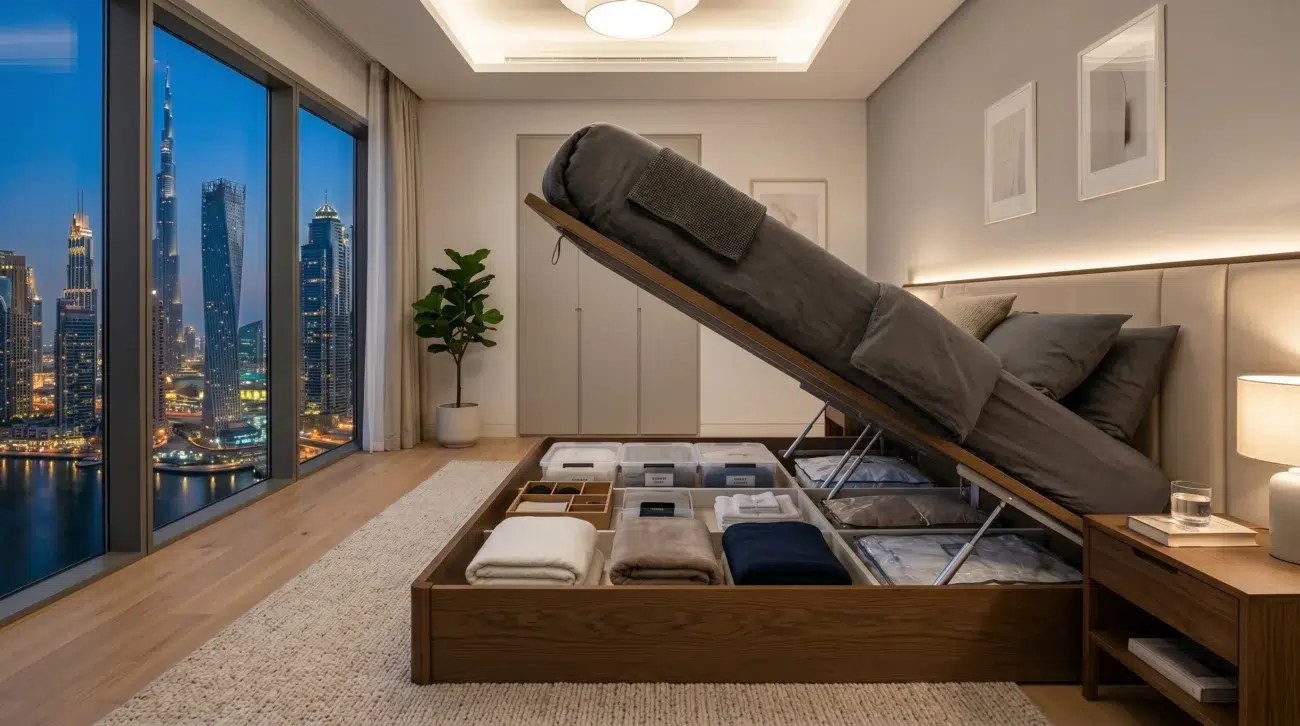 Hydraulic storage bed frame open showing under-bed storage in Dubai apartment bedroom
