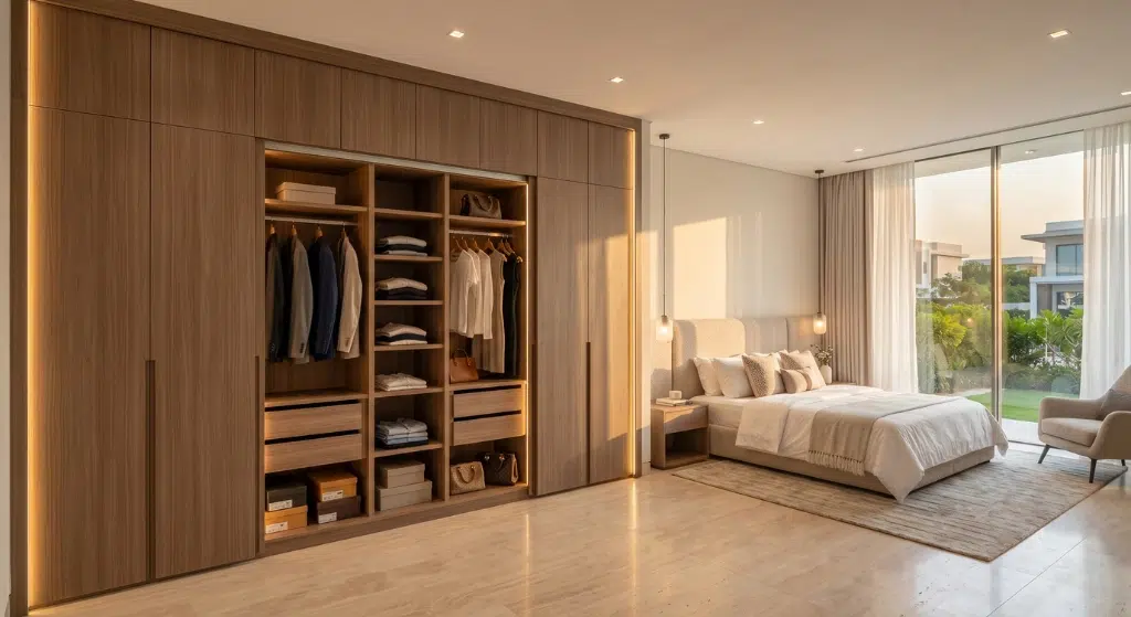 Floor-to-ceiling premium custom wardrobe in a Dubai villa master bedroom with integrated lighting and wood-tone laminate finish