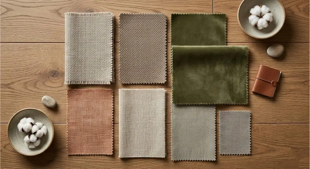 Sofa fabric options for UAE climate — performance, velvet, and linen swatches comparison
