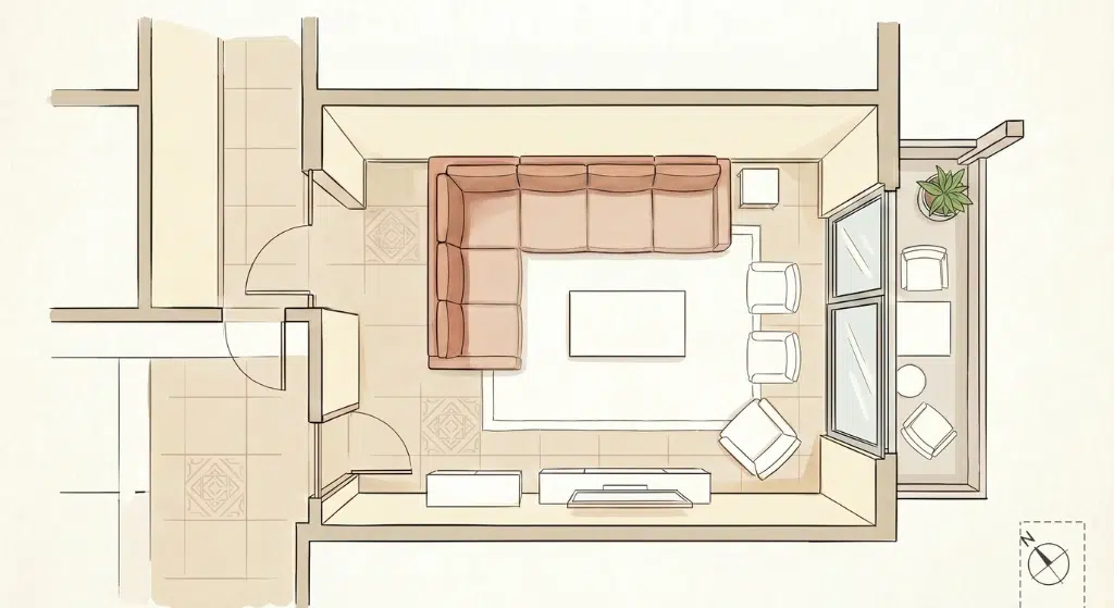 Sofa size planning for UAE apartment — floor plan showing ideal placement dimensions