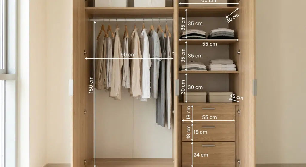 Wardrobe interior layout showing hanging rail depth and shelf measurements suitable for Dubai apartment bedroom