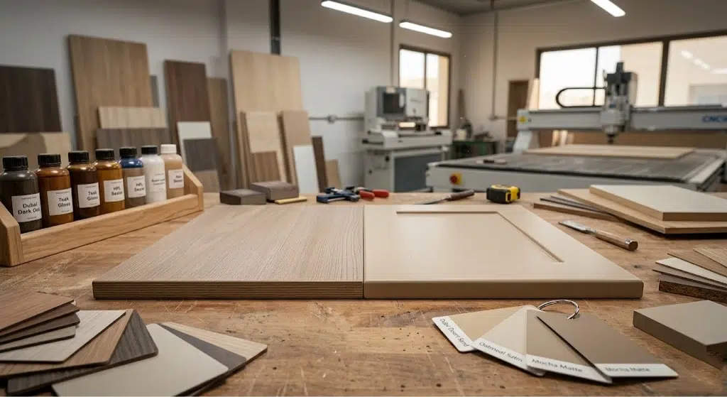 Comparing wardrobe finish samples HPL laminate versus painted MDF in a Dubai furniture workshop