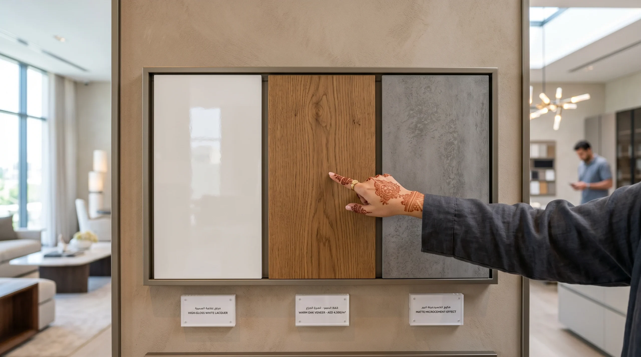 Custom wardrobe materials and finishes comparison at Kustom Deco Dubai showroom including lacquer veneer and microcement  Kustom Deco Dubai