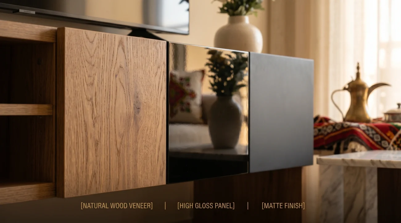 TV cabinet material comparison showing wood veneer high gloss and matte finish options for UAE homes 
