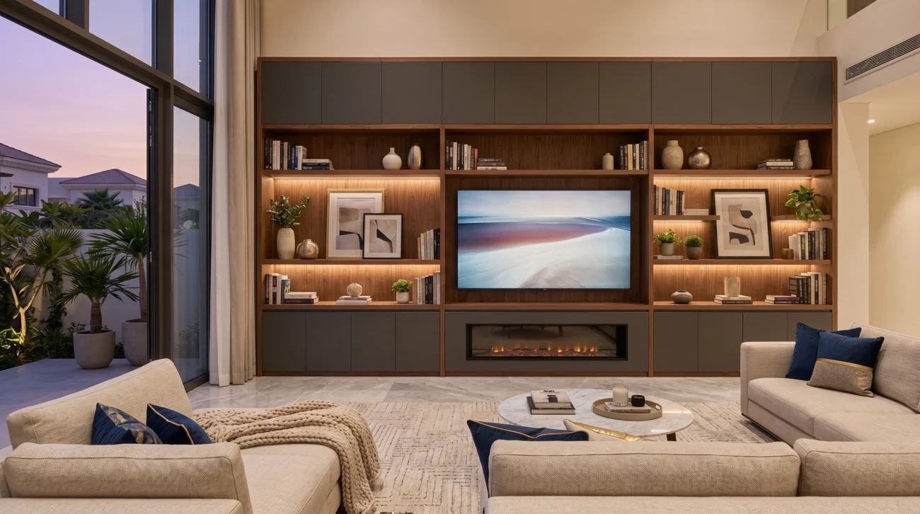 Bespoke full media wall in UAE villa living room with integrated TV and floor to ceiling cabinetry 