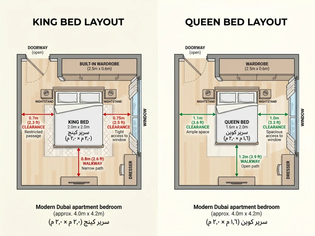 King vs queen bed size comparison showing clearance space in a Dubai apartment bedroom layout