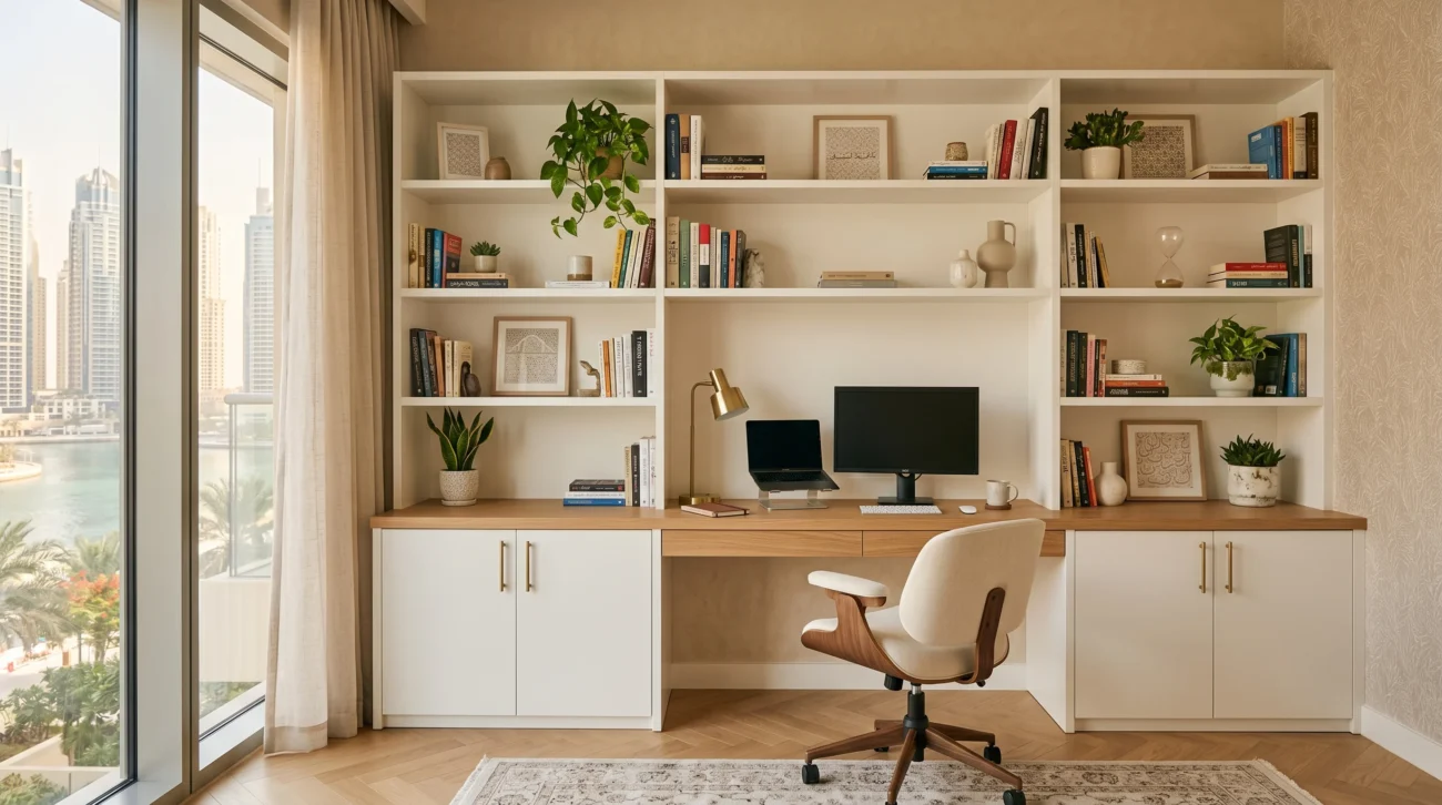 Built-in home office shelving and desk in a UAE apartment study room