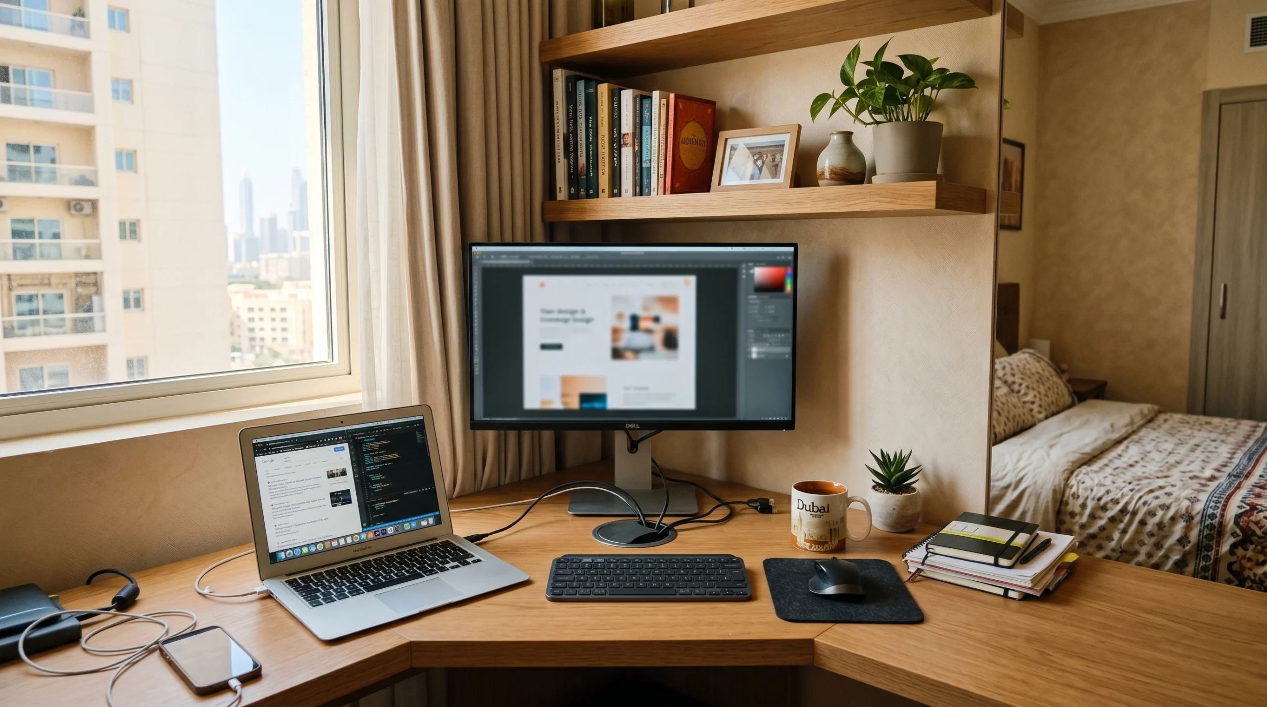 Custom corner desk in UAE apartment bedroom with integrated storage and floating shelves