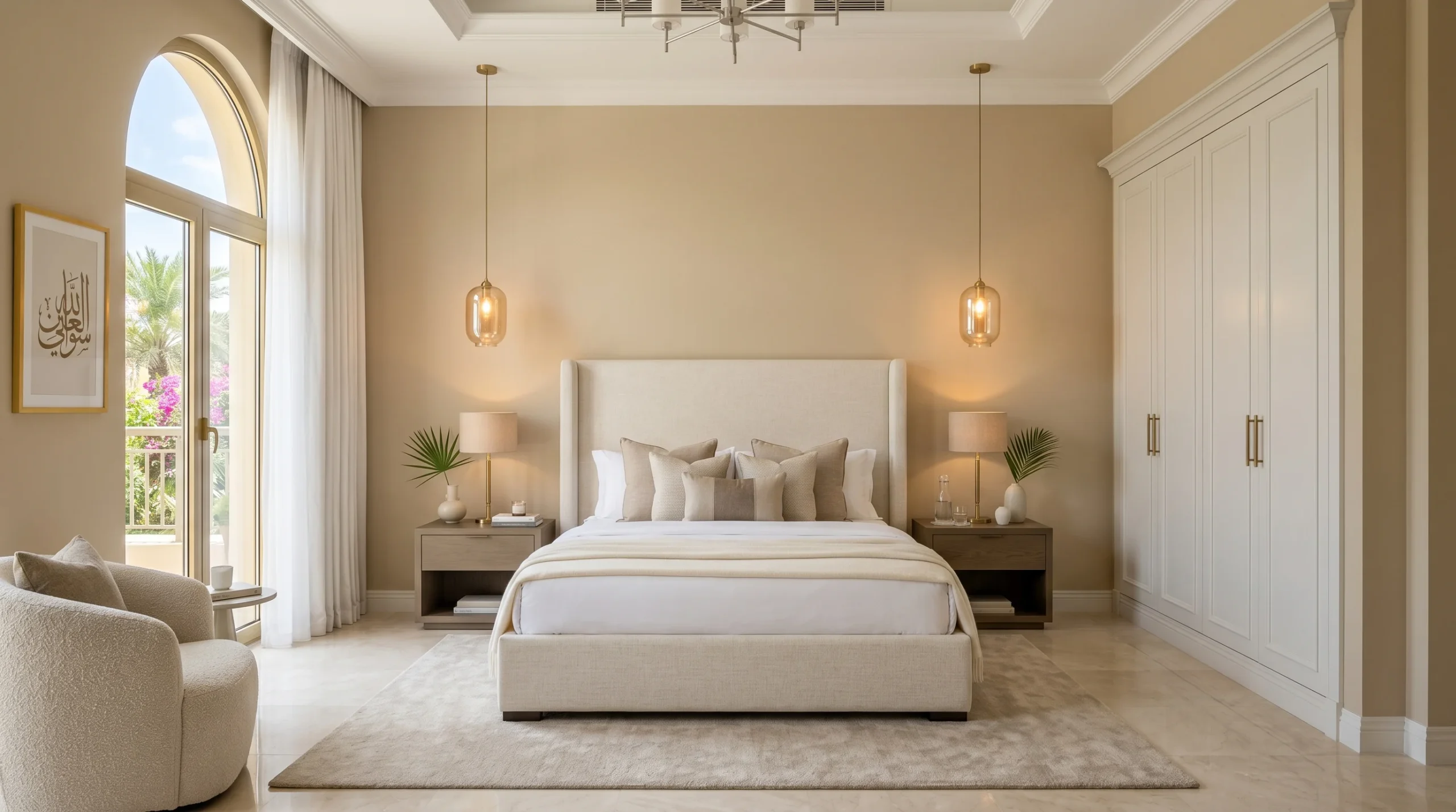 Dedicated guest suite in Dubai villa with custom upholstered queen bed and built-in wardrobe by Kustom Deco