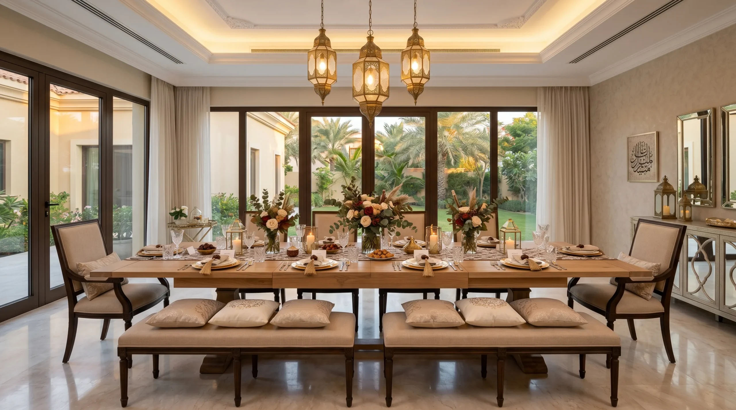 Dining room layout for large UAE family gathering extended table with bench and chair combination