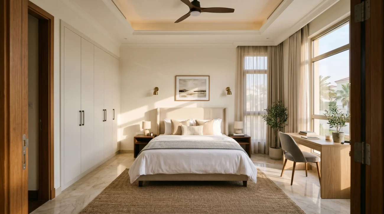 Practical guest bedroom layout in Dubai villa with queen bed, built-in wardrobe and corner desk Kustom Deco flexible furniture solution