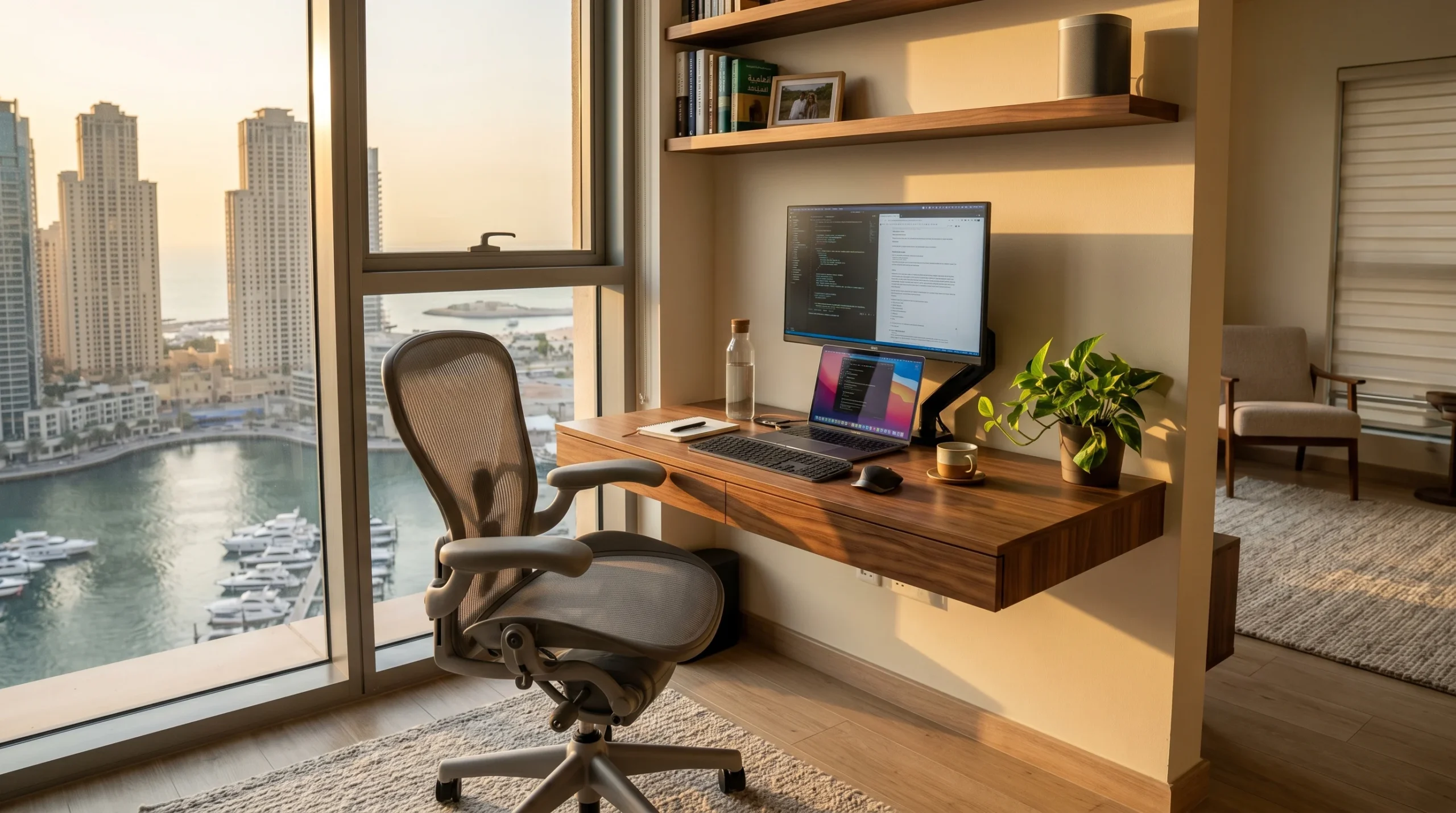 Ergonomic chair at a home office desk setup in a UAE apartment 