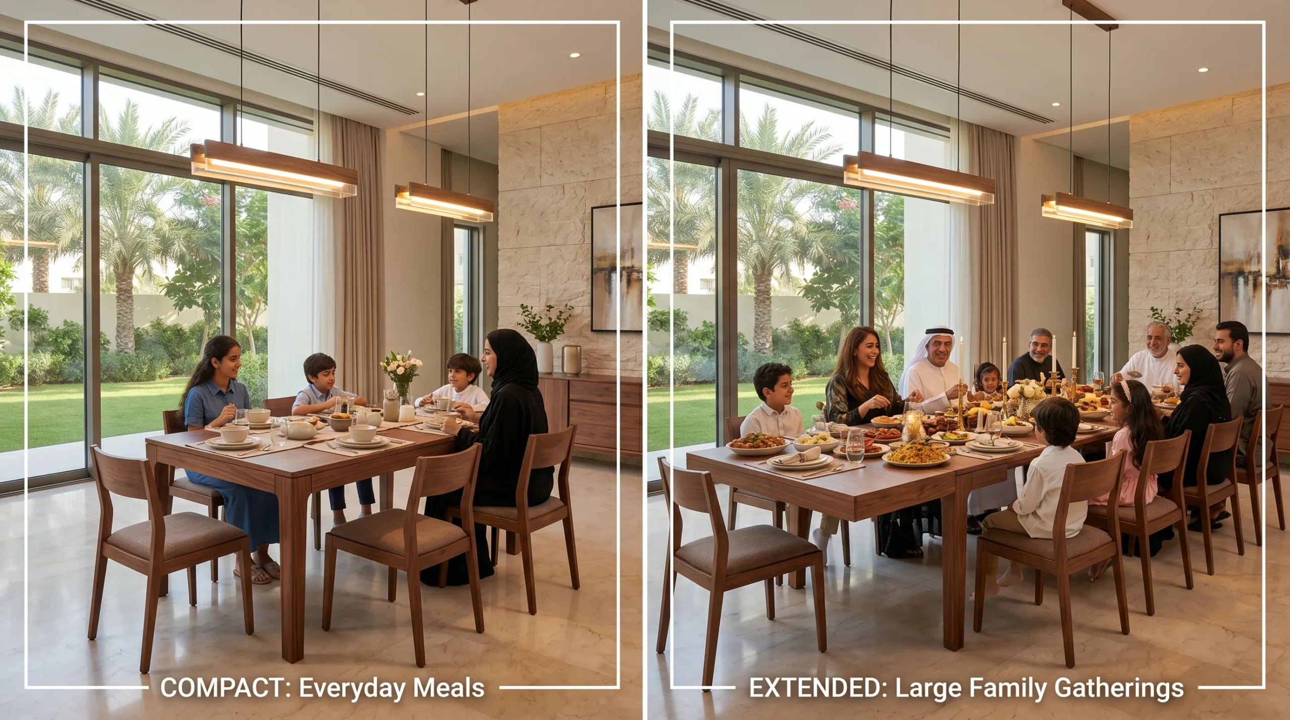 Extendable dining table for UAE family entertaining in a villa dining room