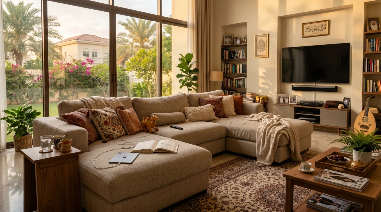 Family relaxing on custom sectional sofa in UAE villa living room 