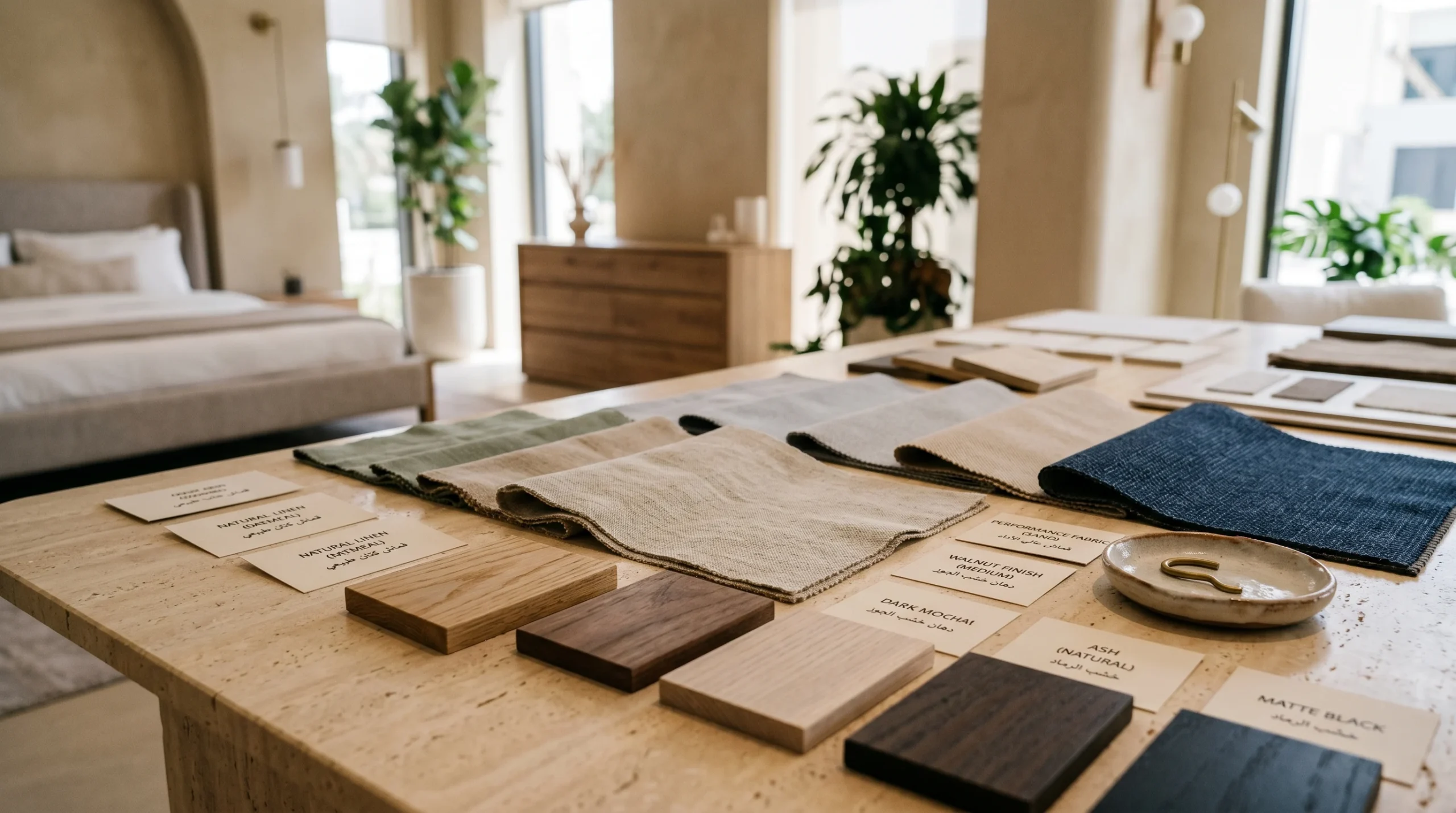 Fabric and material options for guest bedroom furniture in UAE climate performance linen, wood finishes reviewed by Kustom Deco