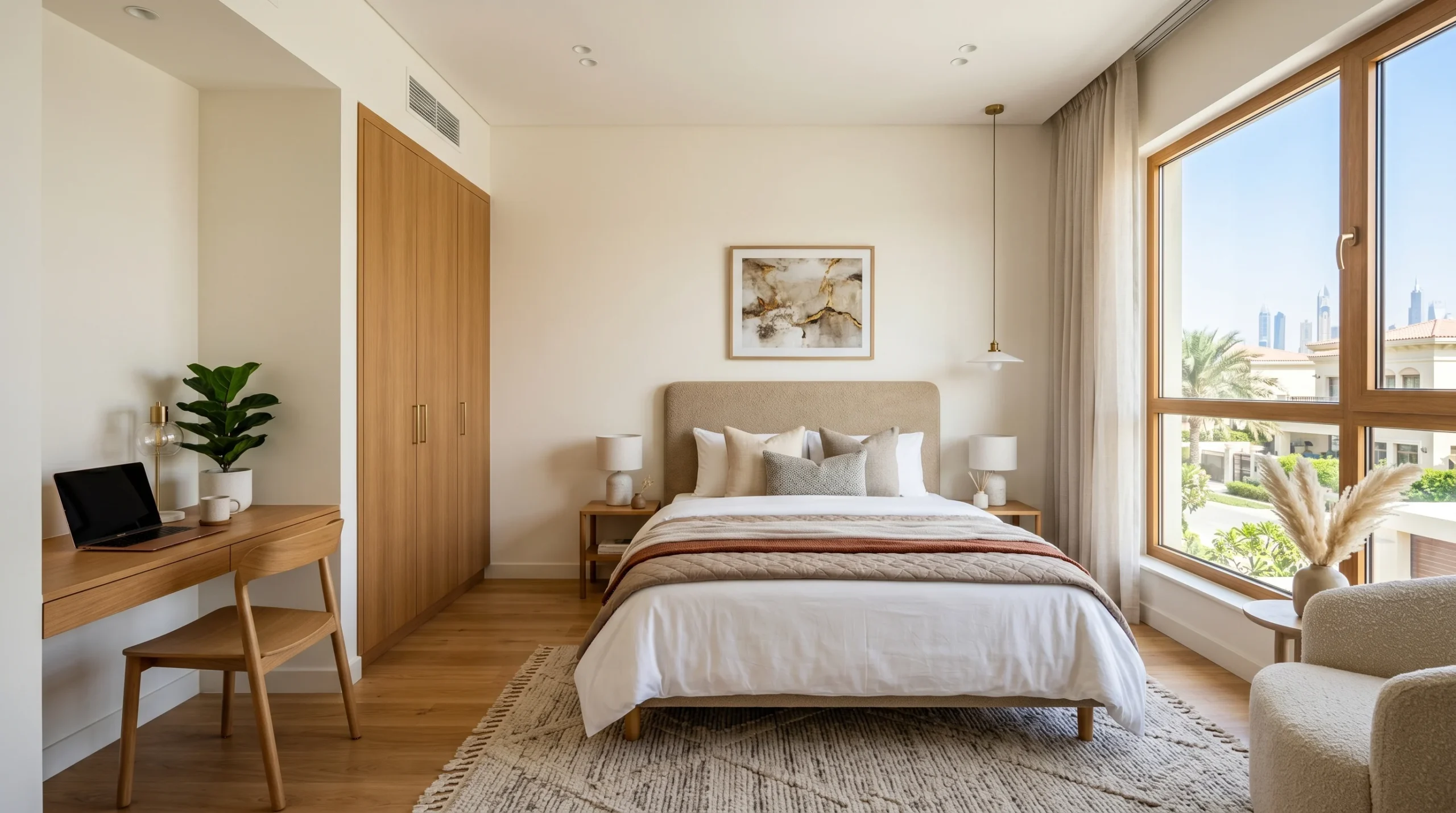 Guest bedroom furniture in a Dubai villa with flexible layout upholstered bed, built-in wardrobe and smart storage by Kustom Deco