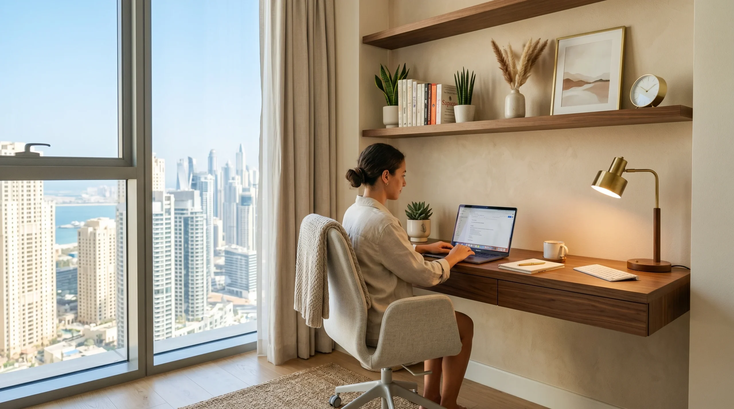 Home office furniture setup in a small UAE apartment with wall mounted desk and floating shelves