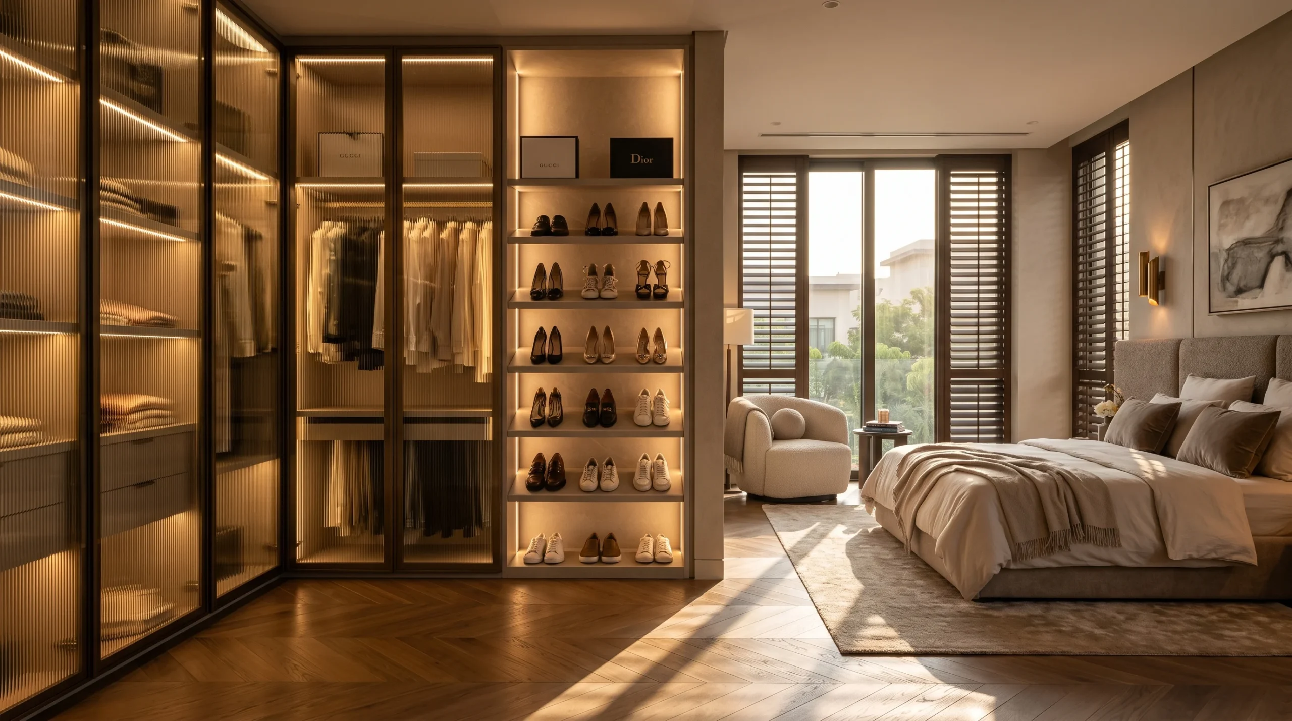 L-shaped custom walk-in wardrobe Dubai villa with white lacquer cabinetry and LED shelving  Kustom Deco Dubai