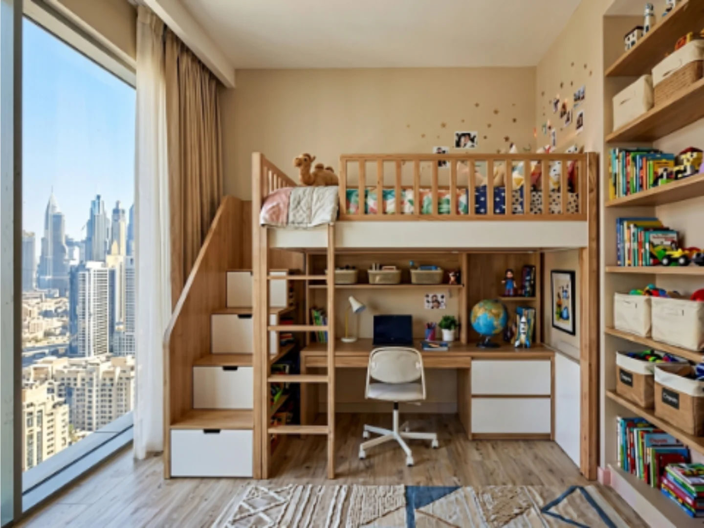 Loft bed with integrated study desk for small kids bedroom in Dubai apartment