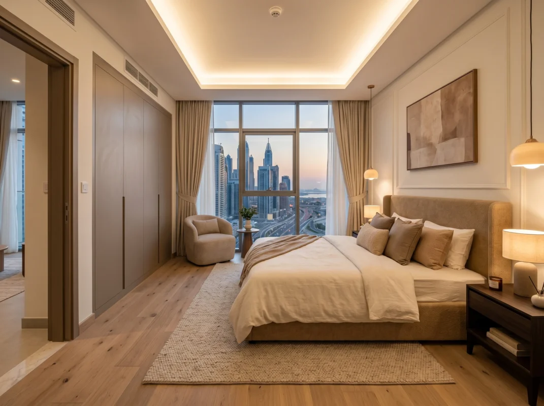 Master bedroom furniture layout in a Dubai apartment with custom bed and fitted wardrobes by Kustom Deco