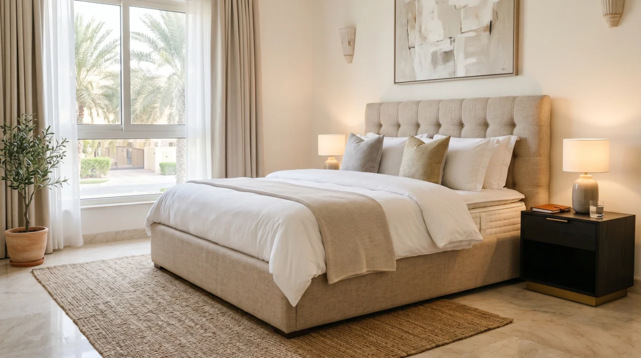 Mattress price guide Dubai hybrid mattress in upholstered bed frame UAE villa bedroom