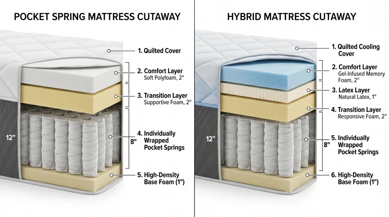 Mattress types comparison Dubai pocket spring vs hybrid mattress cross-section for UAE climate