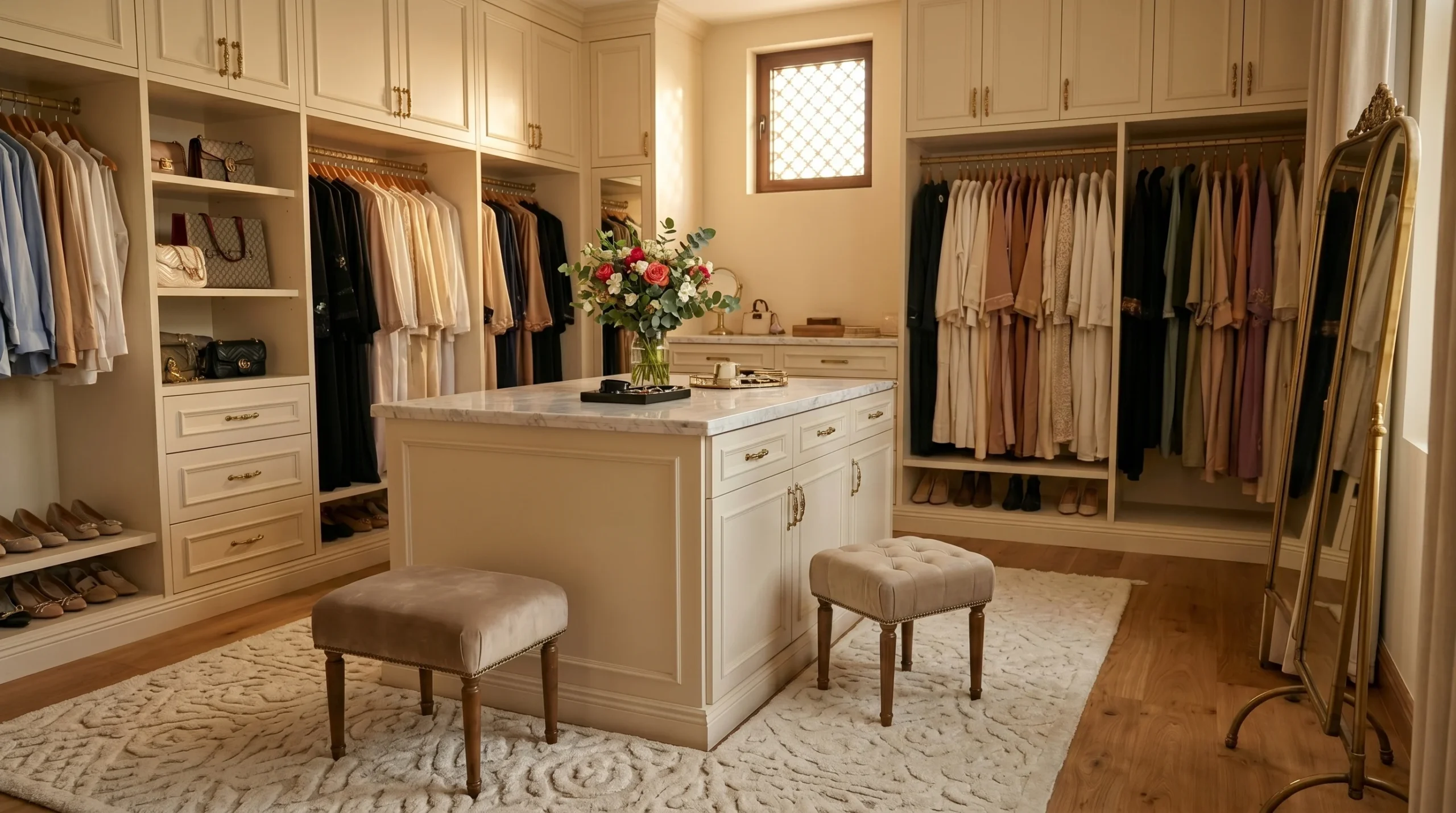Luxury walk-in wardrobe ideas Dubai villa 2026 with fluted glass doors LED lighting and shoe display Kustom Deco Dubai