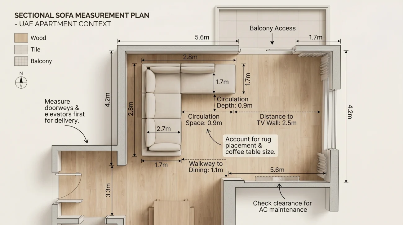 Sectional sofa size guide showing room measurements for UAE apartment layouts